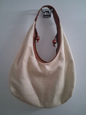 Forth & Towne Canvas Hobo Bag with Brown Trim - Cream With Leather Trim